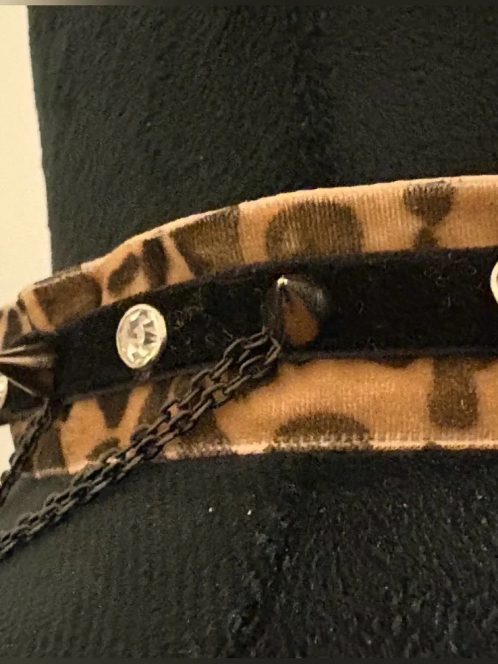 Leopard Print Black velvet, spike, rhinestone, Chain & Cameo Choker Necklace